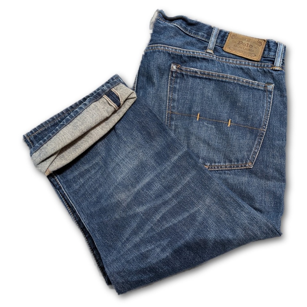 Polo Ralph Lauren Mens Jeans Hampton Straight Blue 42x30 Selvedge Whiskers Denim
